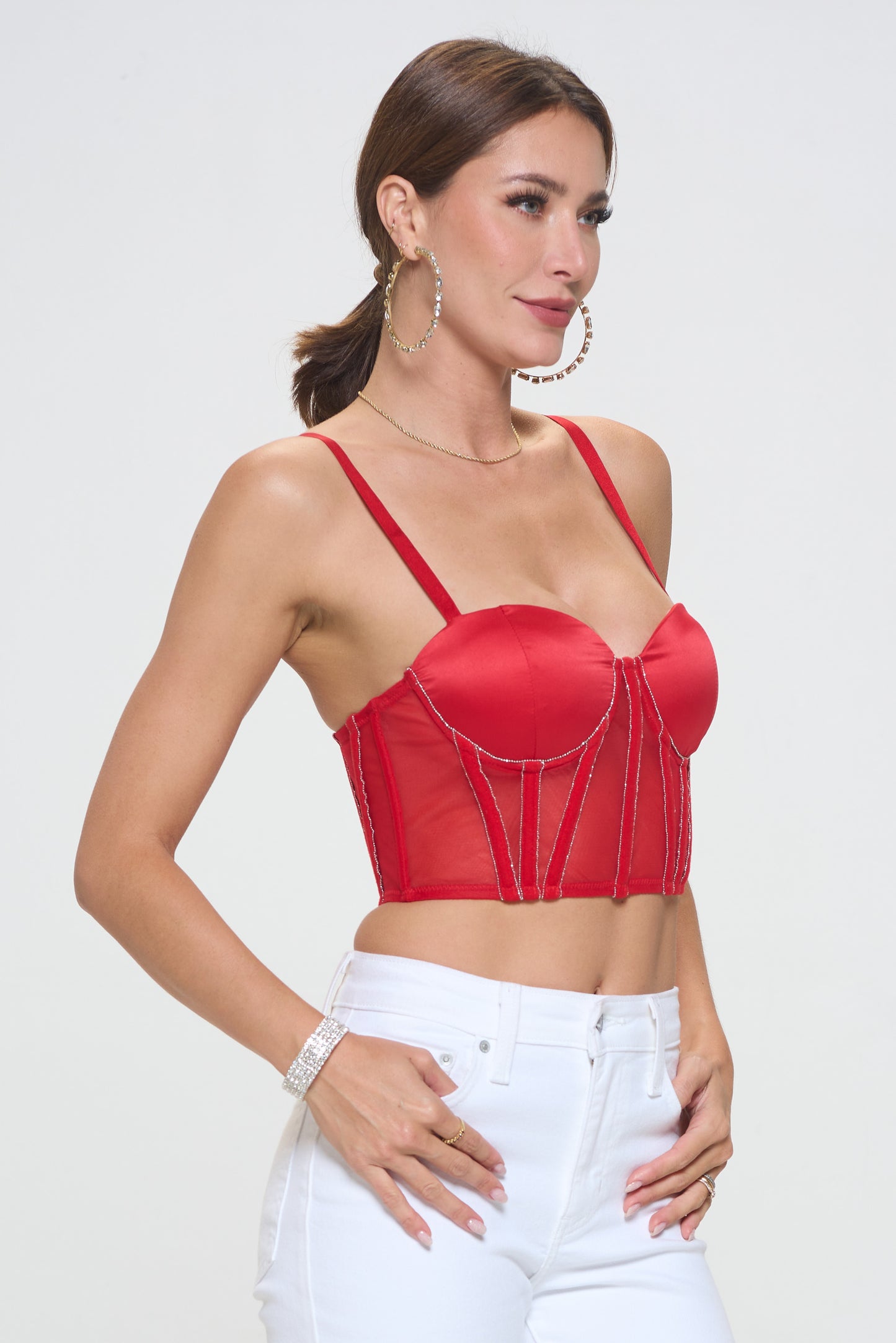 SOLID CONTRAST MESH GLITTER DETAIL BUSTIER CROP TOP