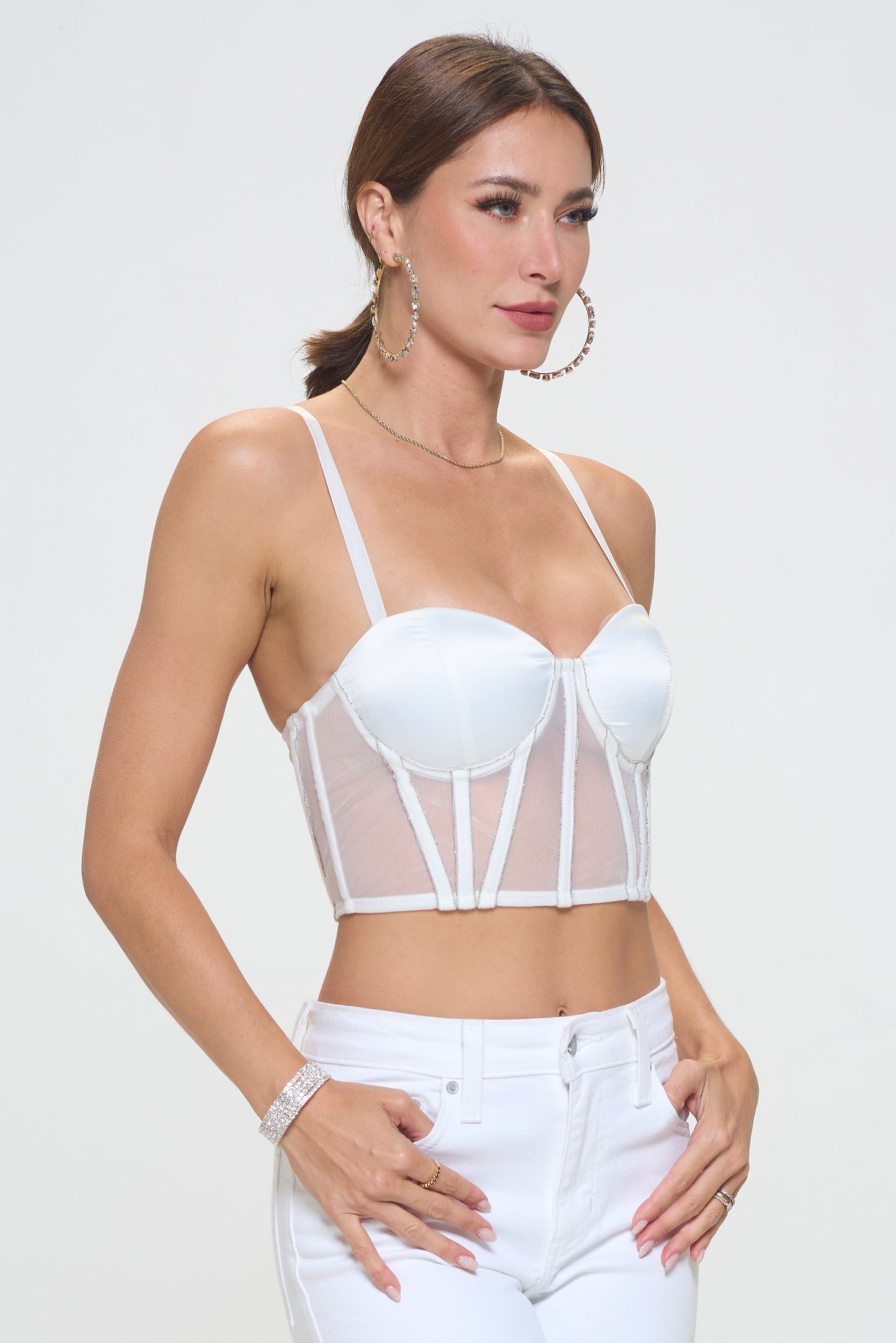 SOLID CONTRAST MESH GLITTER DETAIL BUSTIER TOP