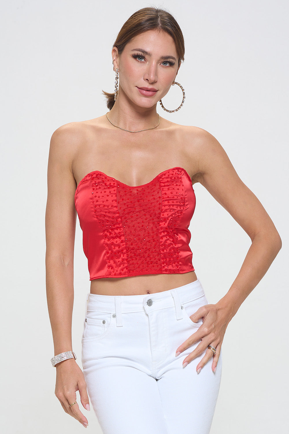 BEADED SHEER CONTRAST CROPPED TUBE TOP