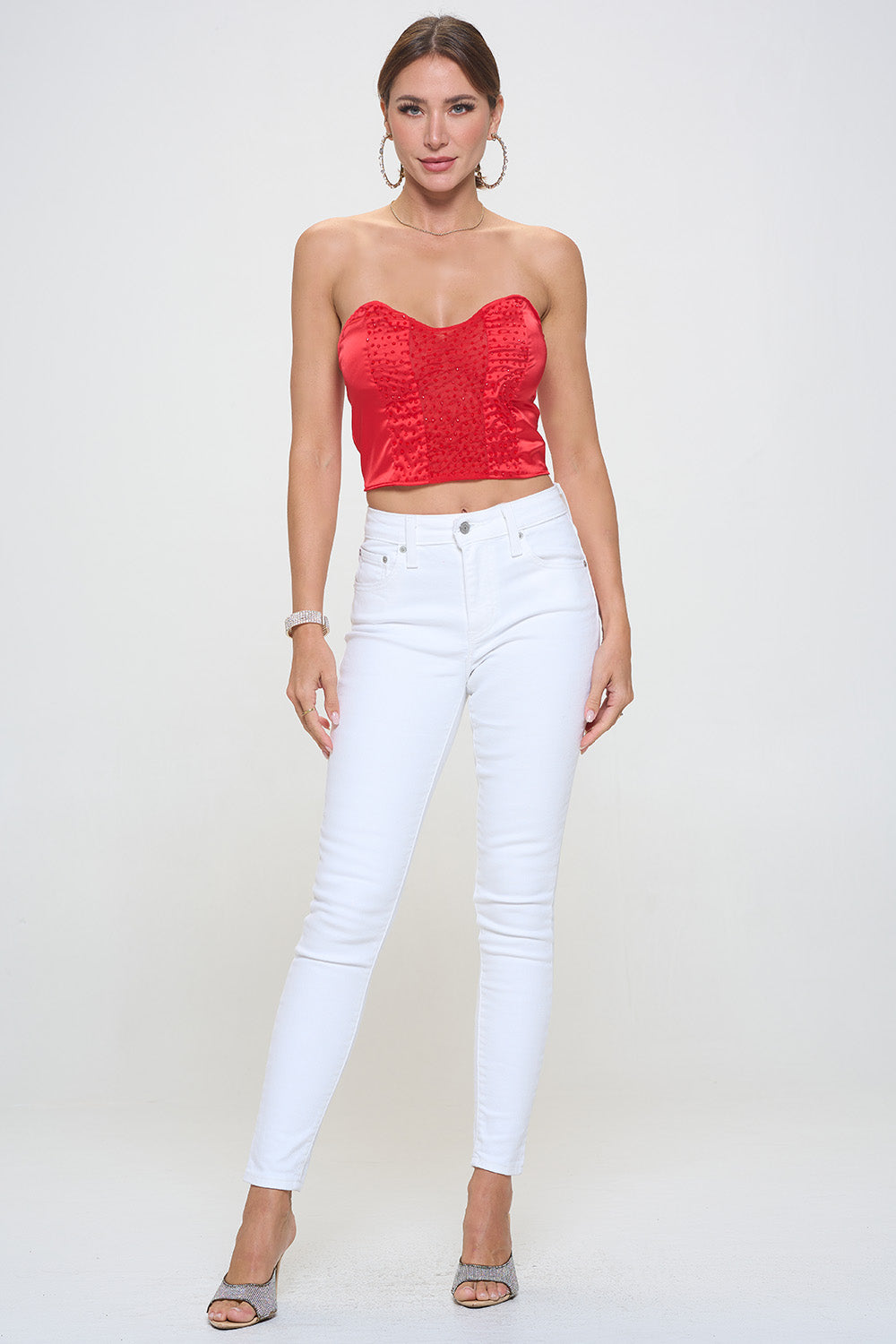 BEADED SHEER CONTRAST CROPPED TUBE TOP