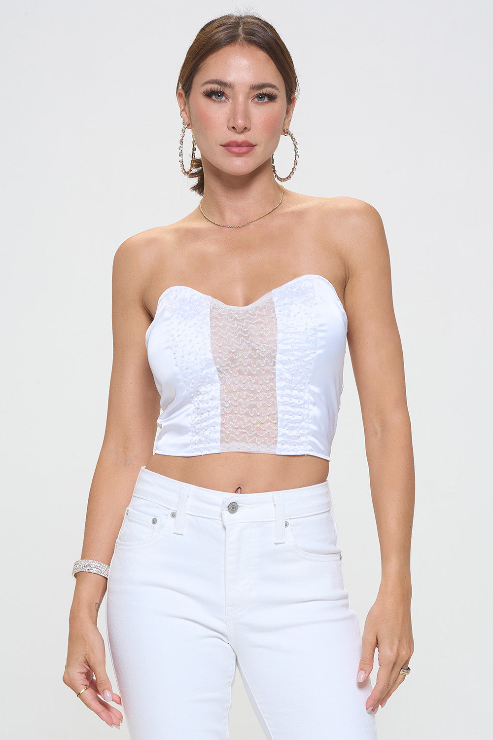 BEADED SHEER CONTRAST CROPPED TUBE TOP