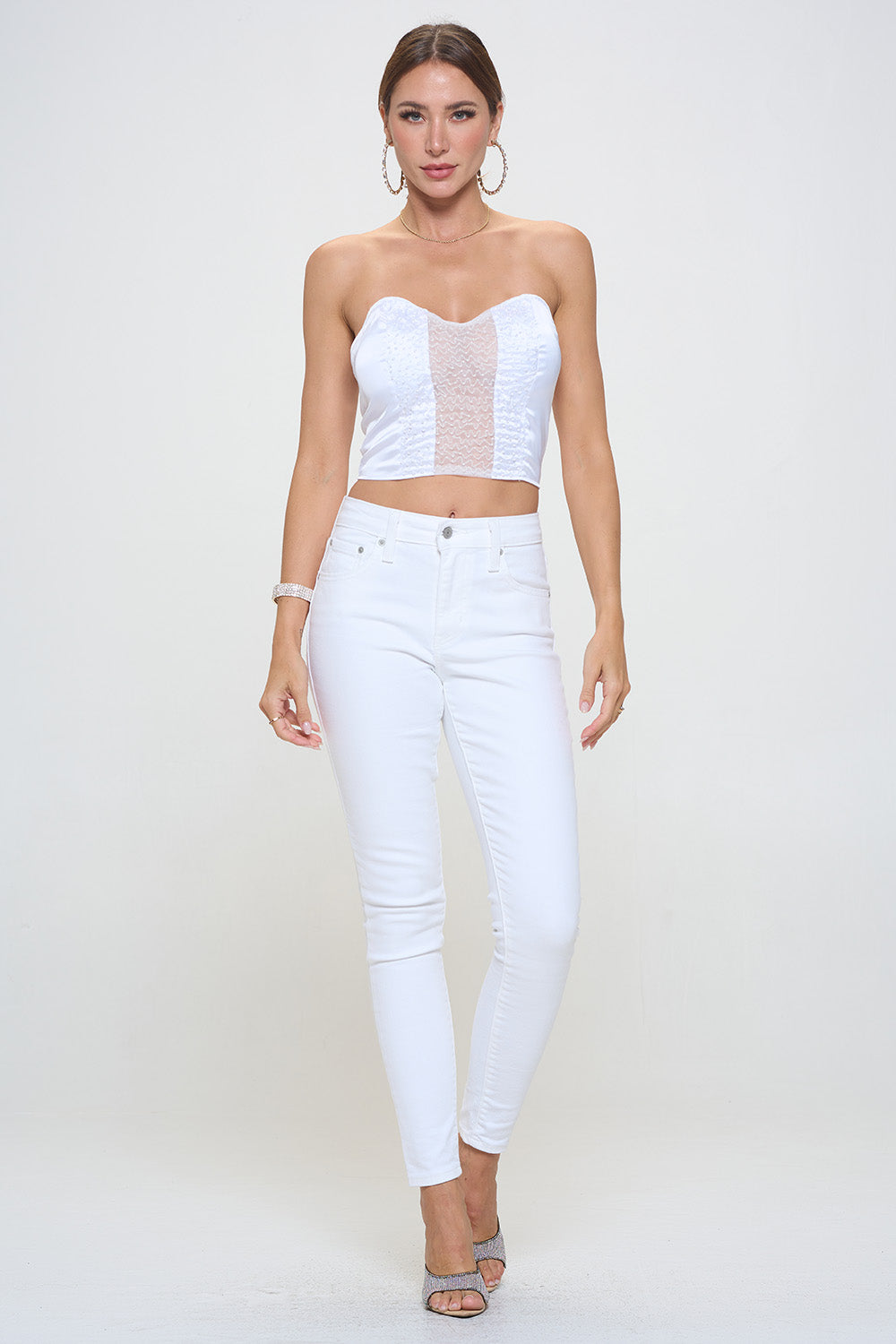 BEADED SHEER CONTRAST CROPPED TUBE TOP