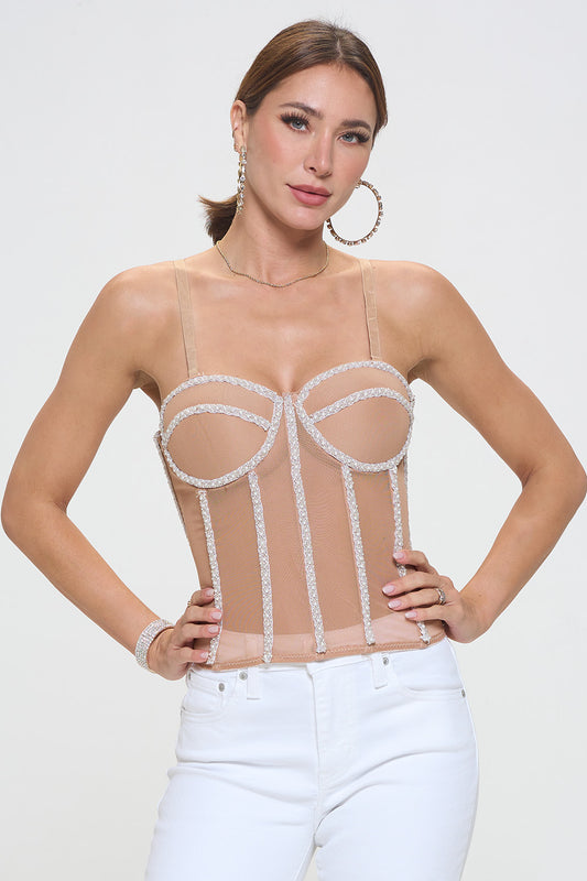WHITE GLITTERY SEAM DETAIL MESH CORSET TOP_D7258