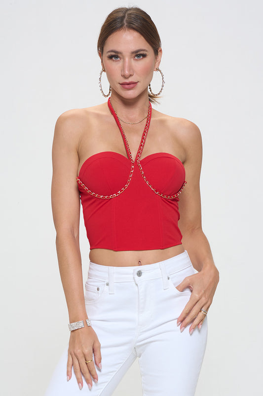 GOLD CHAIN DETAIL HALTER NECK CROP TOP