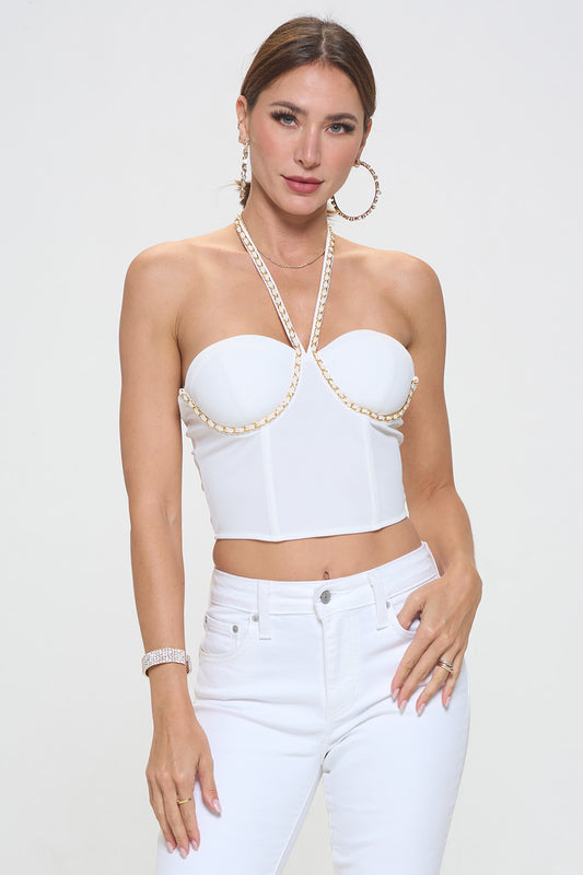 GOLD CHAIN DETAIL HALTER NECK CROP TOP