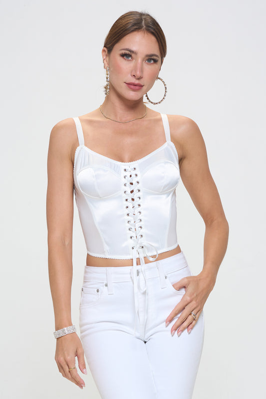 LACE UP FRONT DETAIL SATIN CORSET TOP