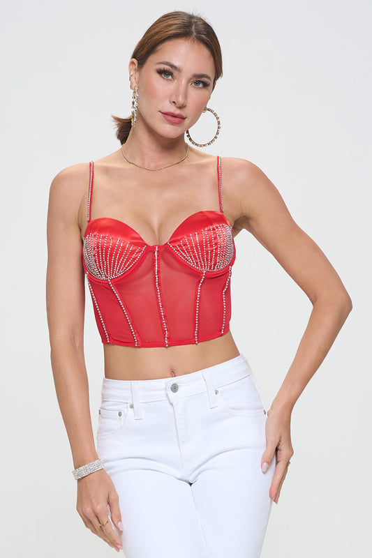 RHINESTONE EMBELLISHED SATIN MESH CORSET CROP TOP