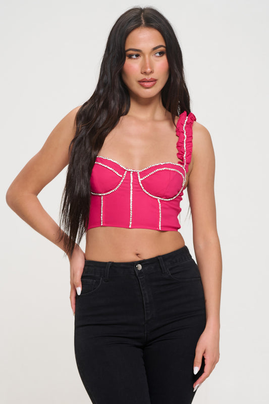 RHINESTONE TRIM DETAIL RUFFLE SHOULDER STRAP CROP TOP