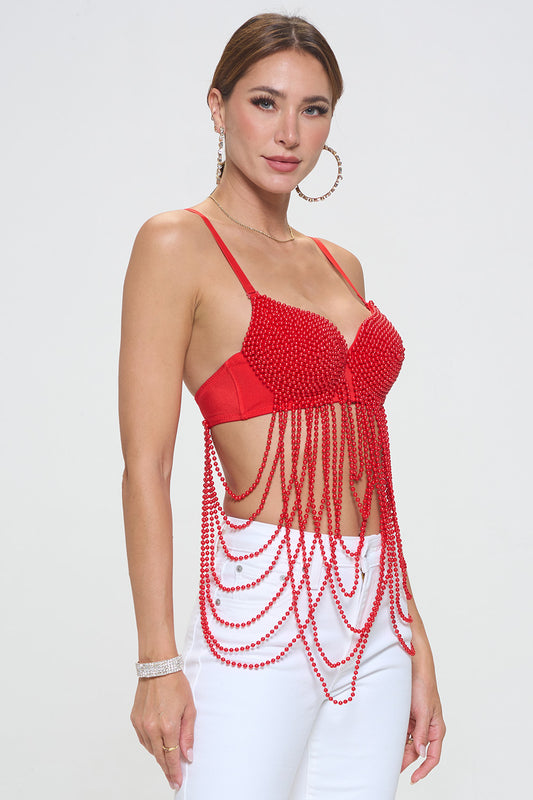 SOLID PEARL BEADING CHAIN LAYERED BRA TOP