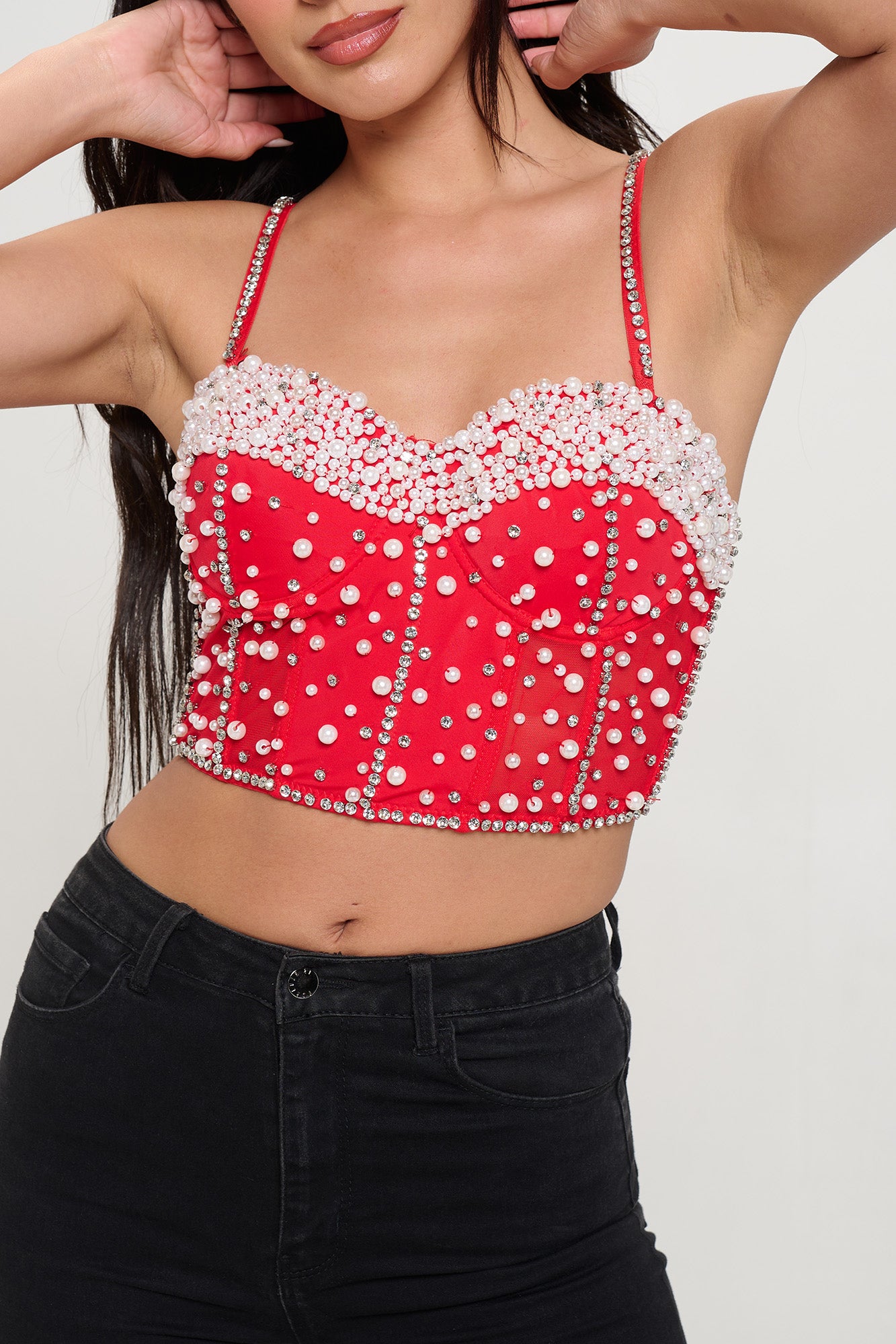 WHITE PEARL RHINESTONE EMBELLISHED BUSTIER CROP TOP