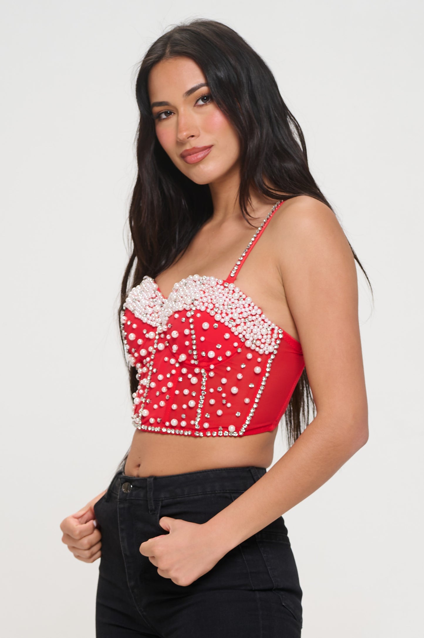 WHITE PEARL RHINESTONE EMBELLISHED BUSTIER CROP TOP