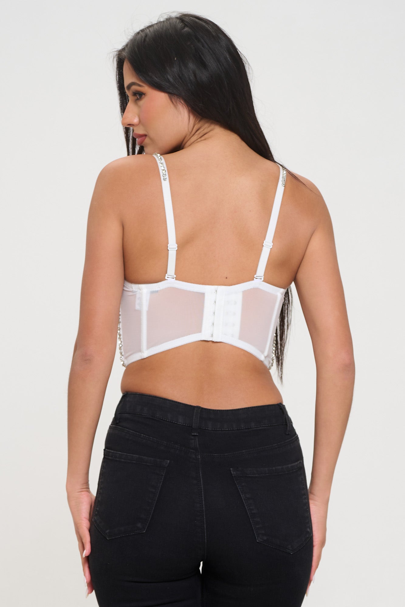 WHITE PEARL RHINESTONE EMBELLISHED BUSTIER CROP TOP