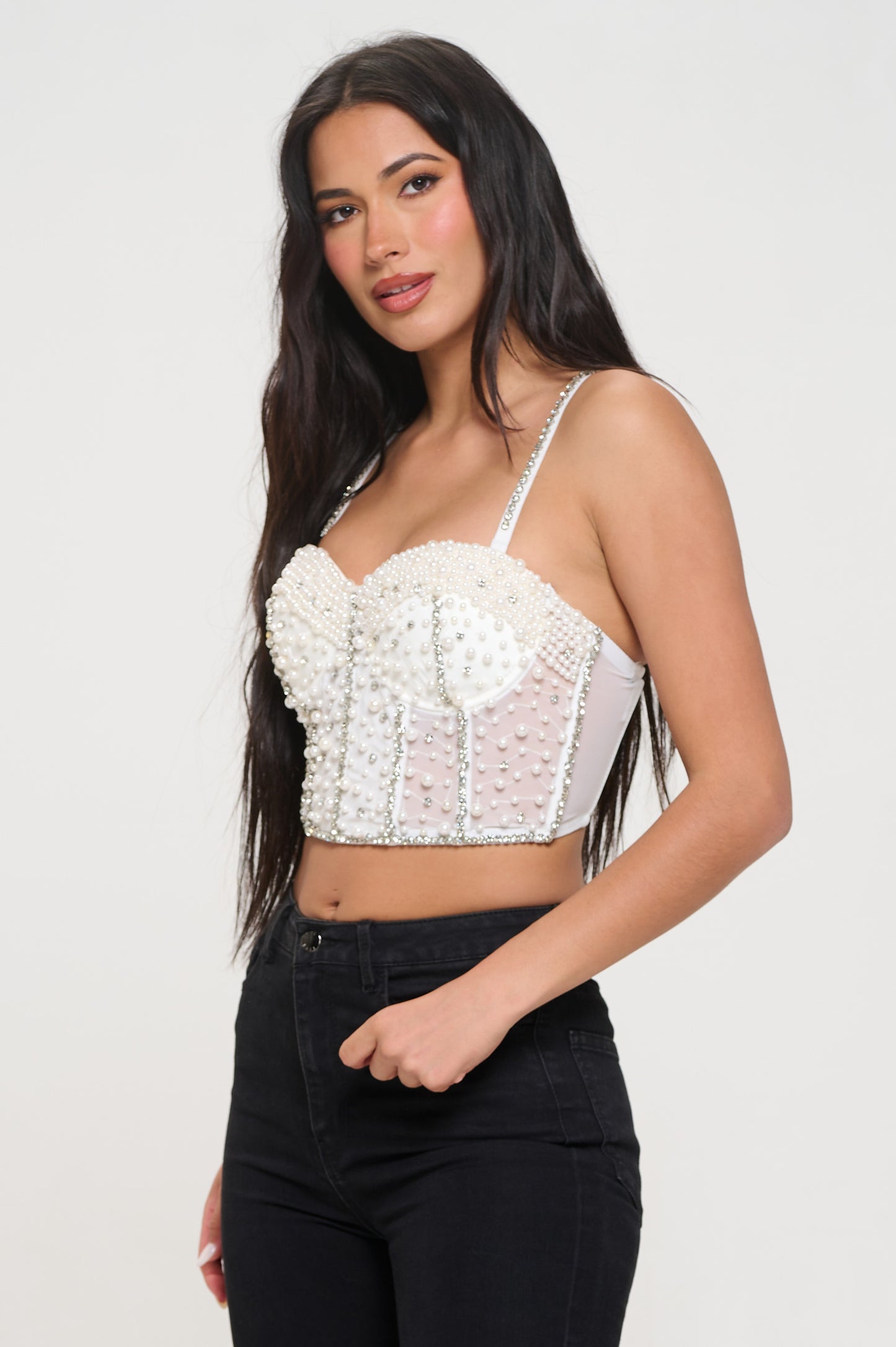 WHITE PEARL RHINESTONE EMBELLISHED BUSTIER CROP TOP