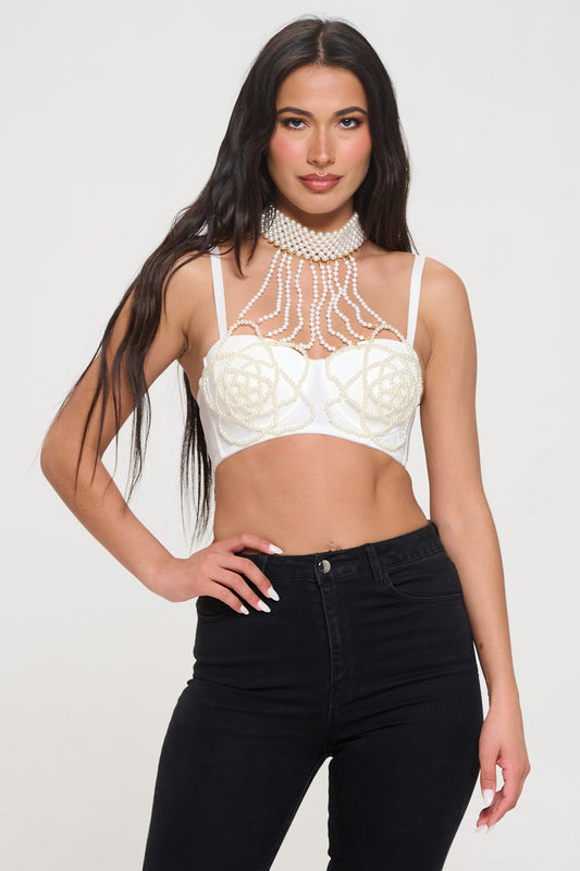 Fringe Trim Faux Pearl Backless Chainmail Halter Crop Top - White