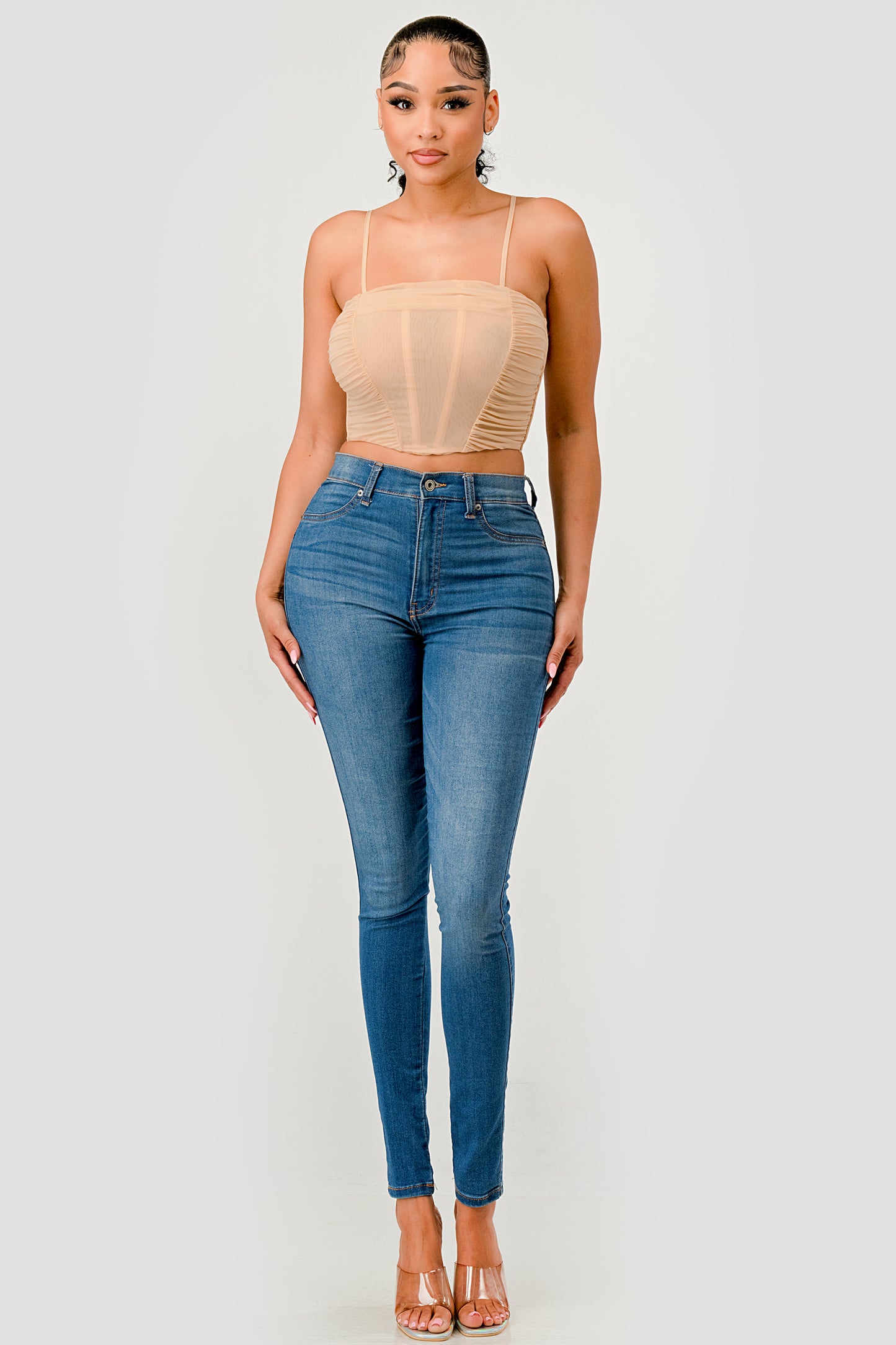 RUCHED MESH LACE UP BACK CORSET CROP TOP