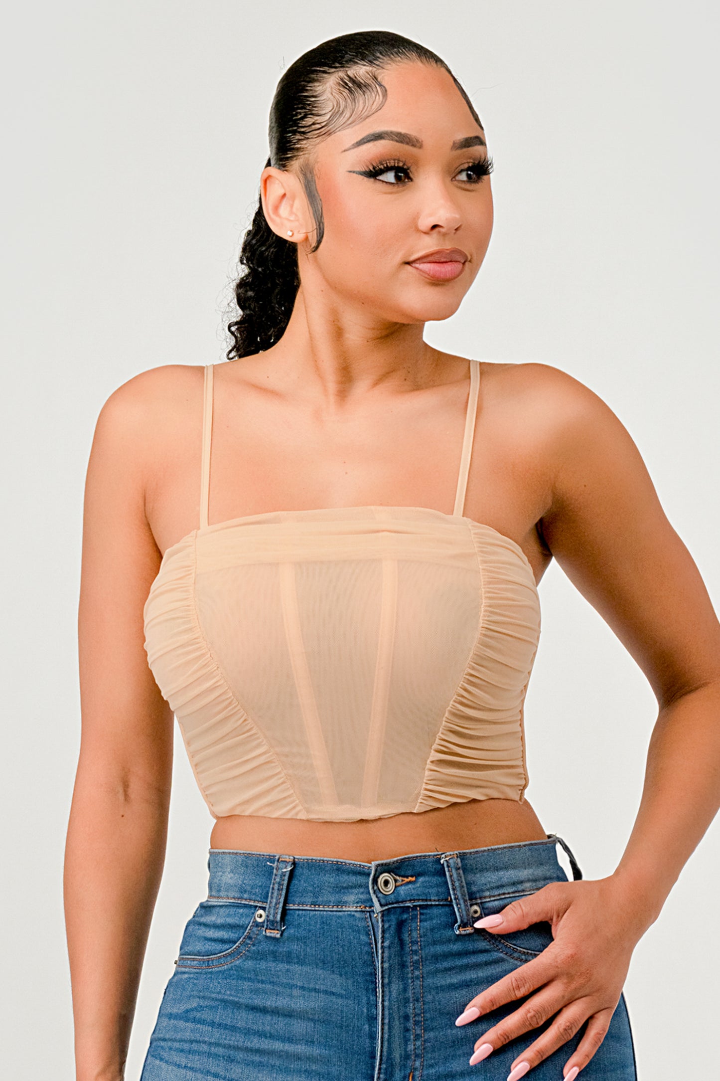 RUCHED MESH LACE UP BACK CORSET CROP TOP