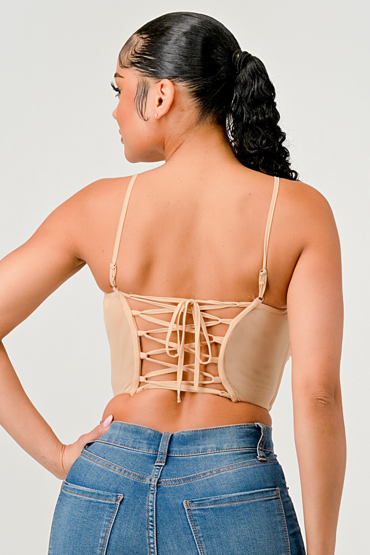 RUCHED MESH LACE UP BACK CORSET CROP TOP