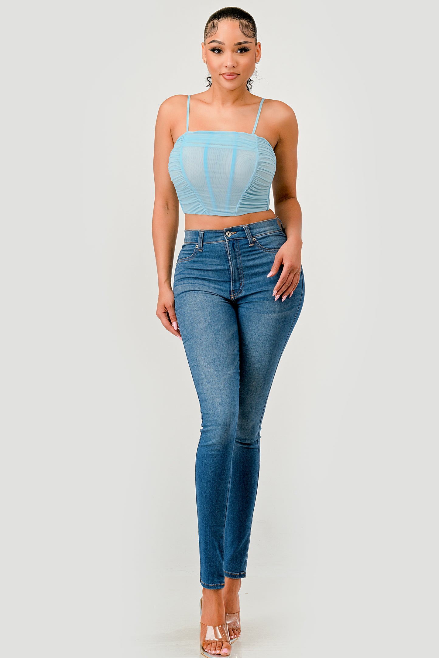 RUCHED MESH LACE UP BACK CORSET CROP TOP