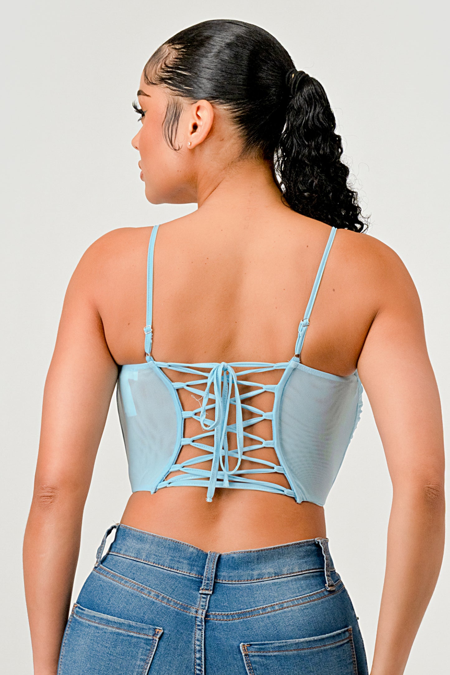 RUCHED MESH LACE UP BACK CORSET CROP TOP