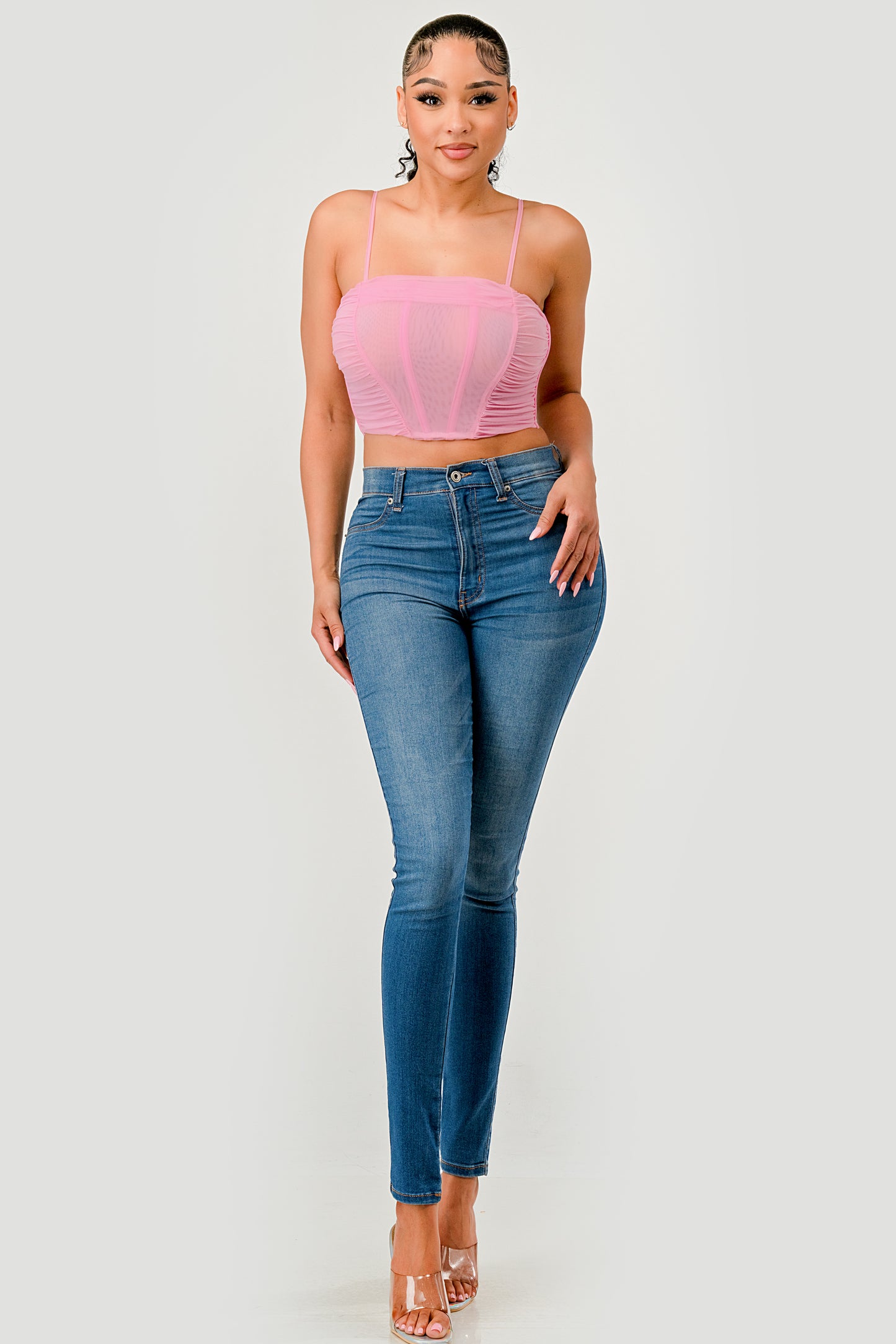 RUCHED MESH LACE UP BACK CORSET CROP TOP