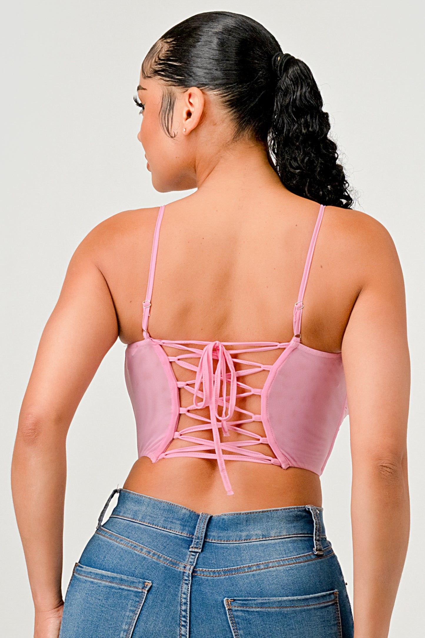 RUCHED MESH LACE UP BACK CORSET CROP TOP