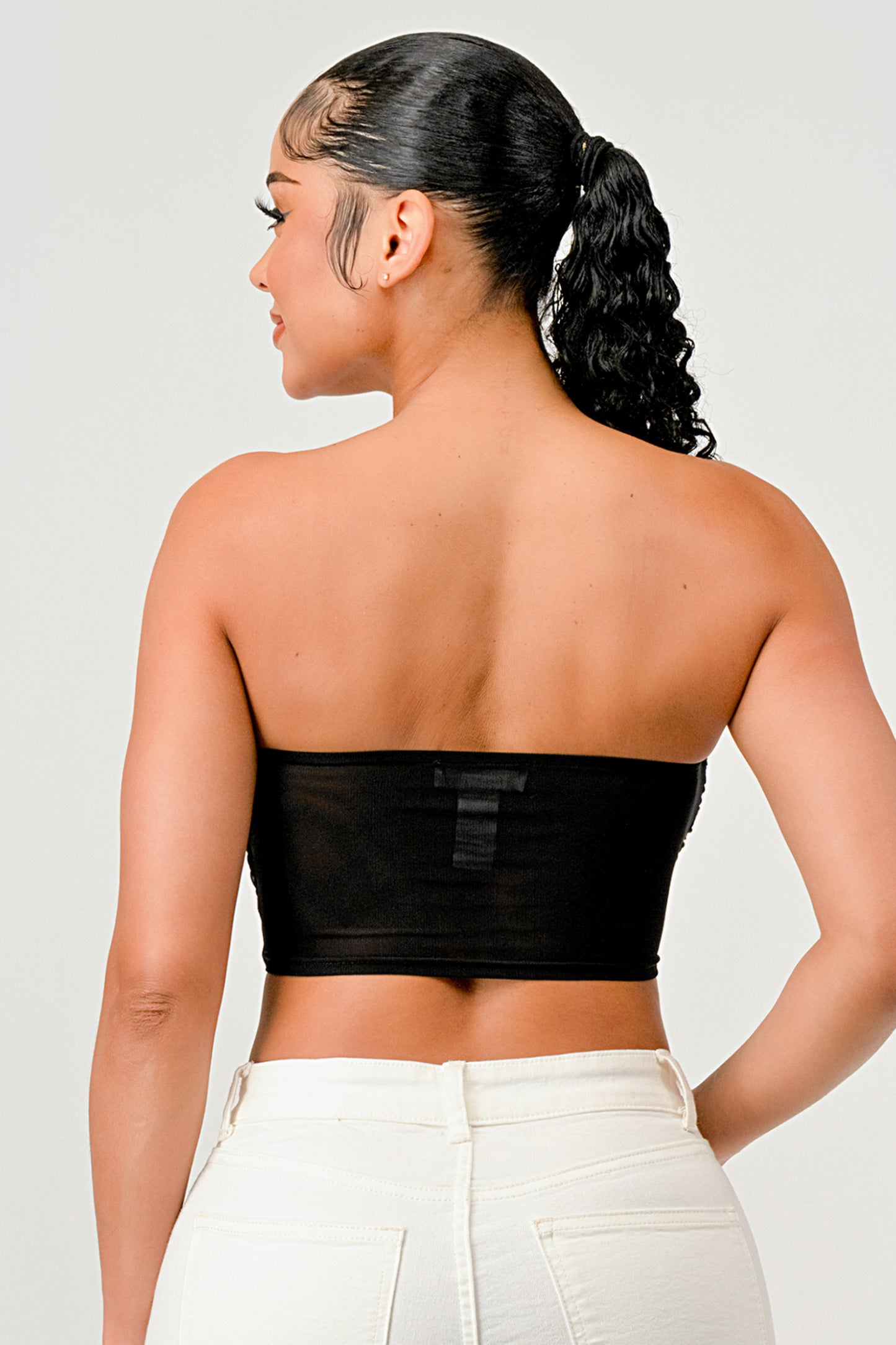 MESH STRAPLESS OPEN BACK CORSET CROP TOP