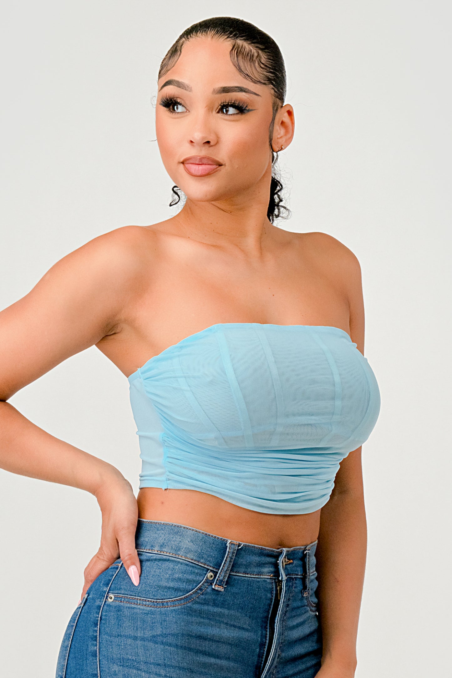 MESH STRAPLESS OPEN BACK CORSET CROP TOP