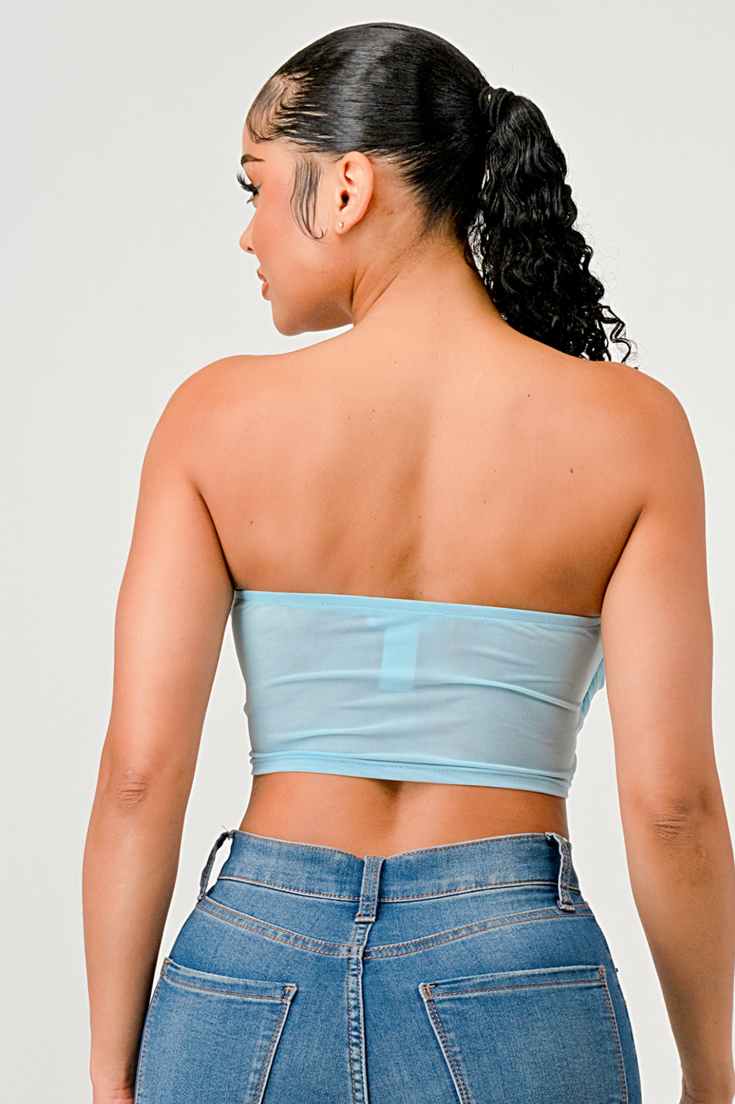 MESH STRAPLESS OPEN BACK CORSET CROP TOP