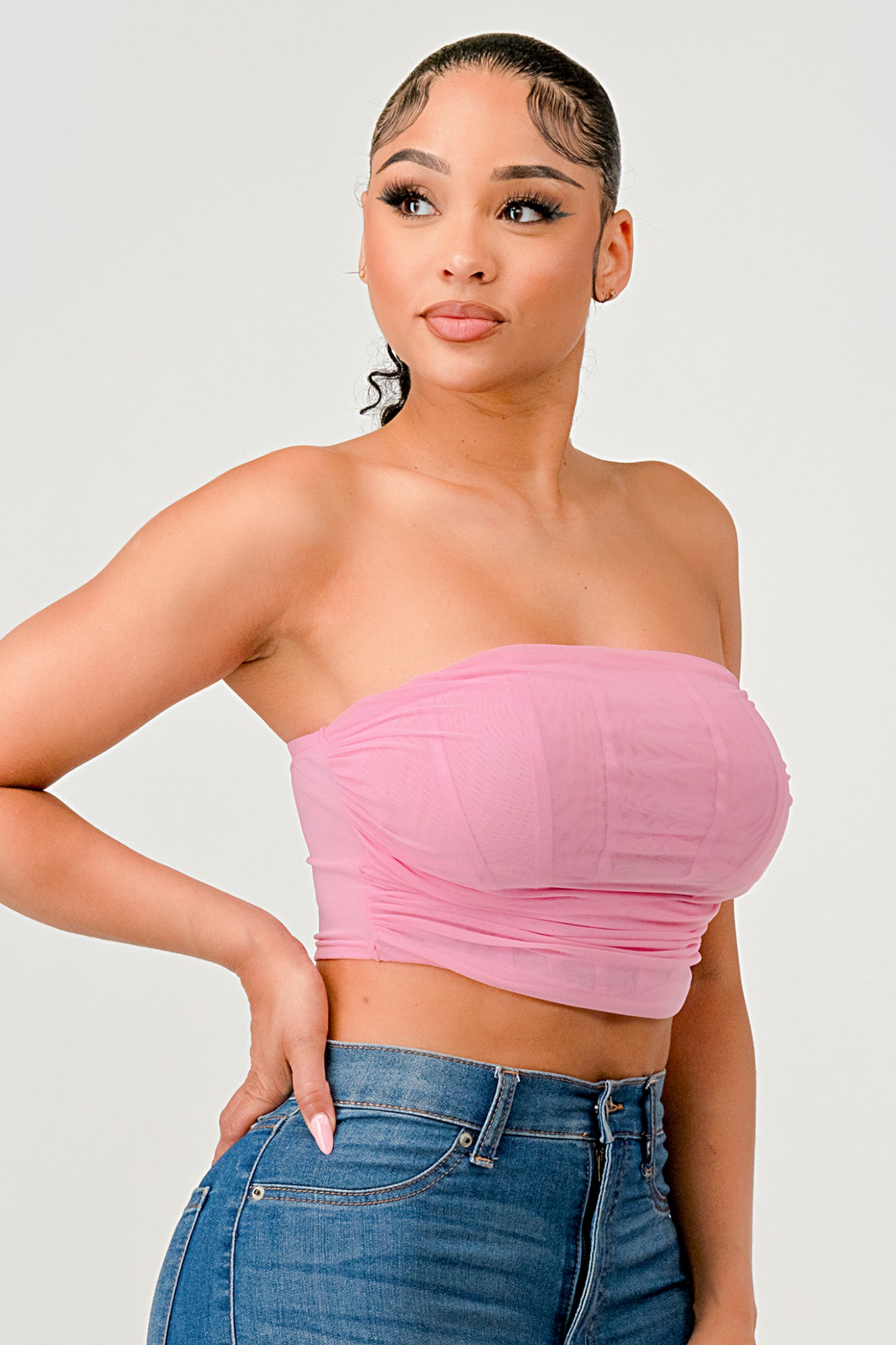 MESH STRAPLESS OPEN BACK CORSET CROP TOP