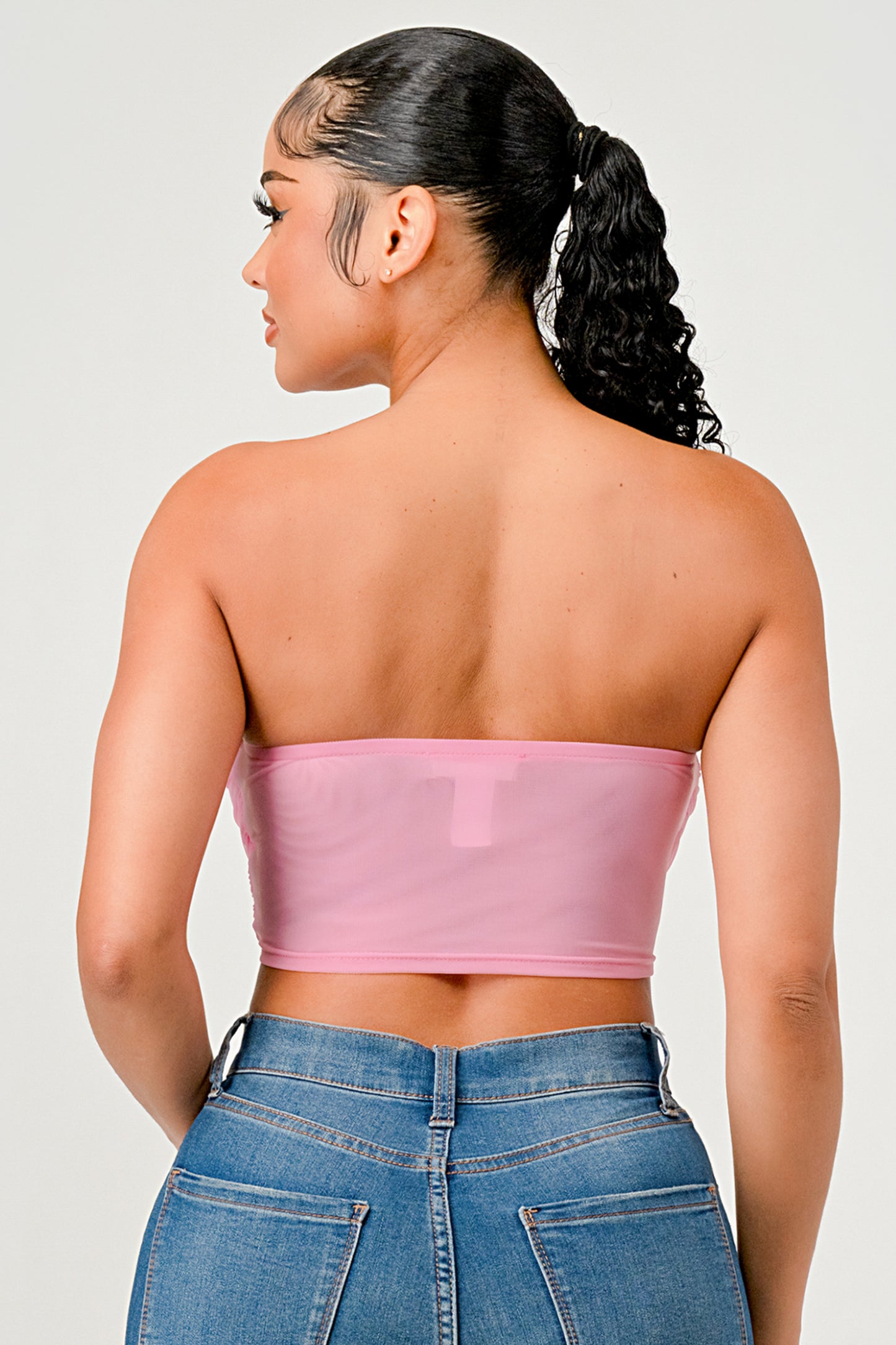 MESH STRAPLESS OPEN BACK CORSET CROP TOP