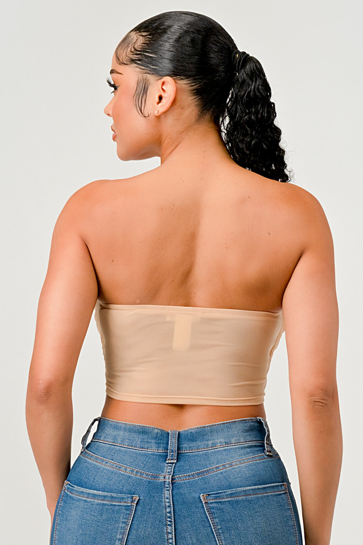 MESH STRAPLESS OPEN BACK CORSET CROP TOP