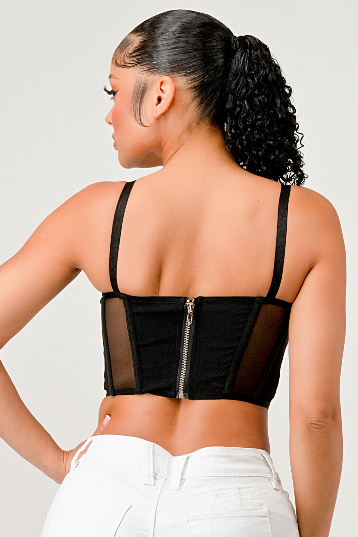 FISHBONE SUPPORT SOLID MESH CORSET CROP TOP