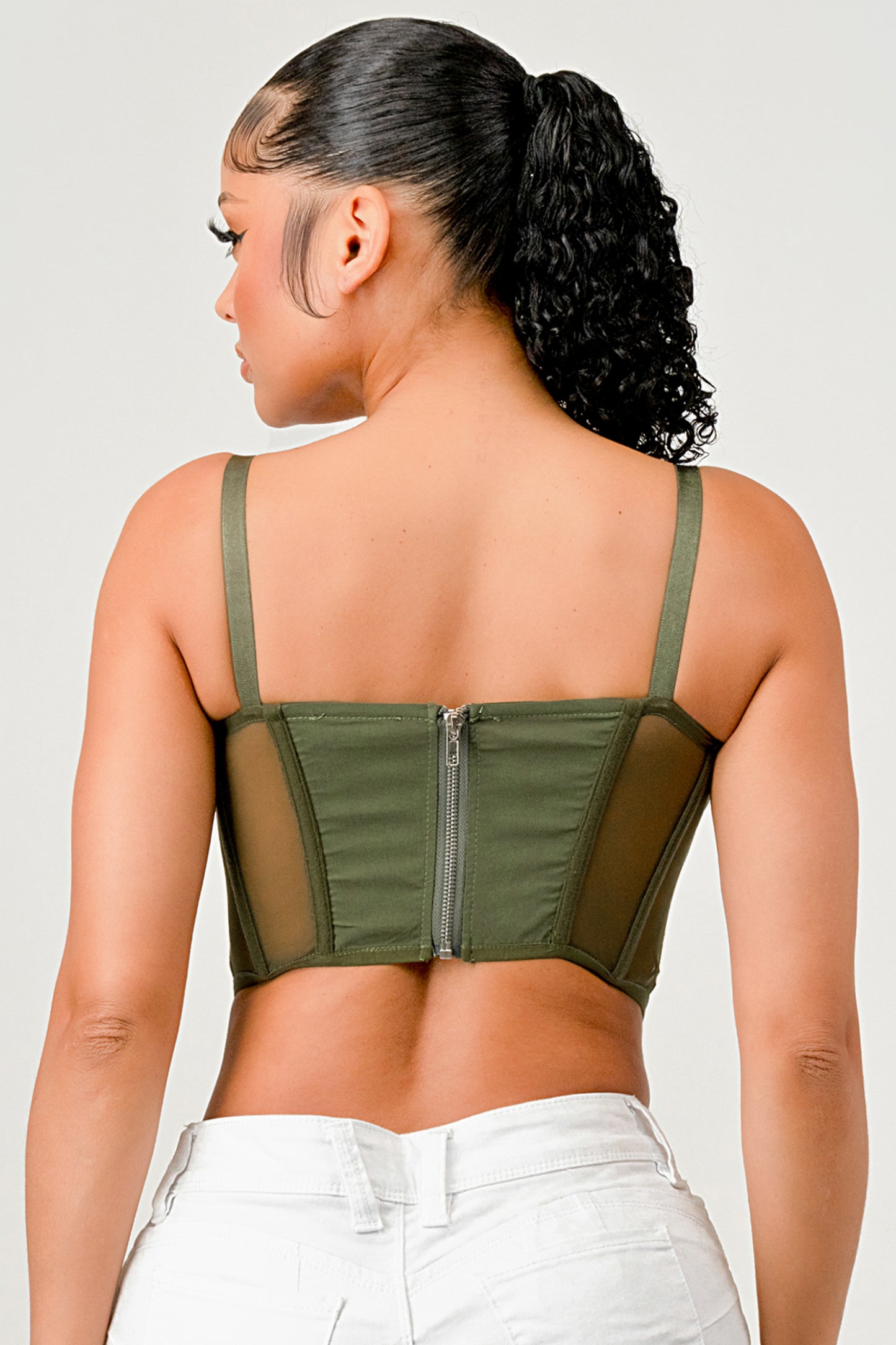 FISHBONE SUPPORT SOLID MESH CORSET CROP TOP