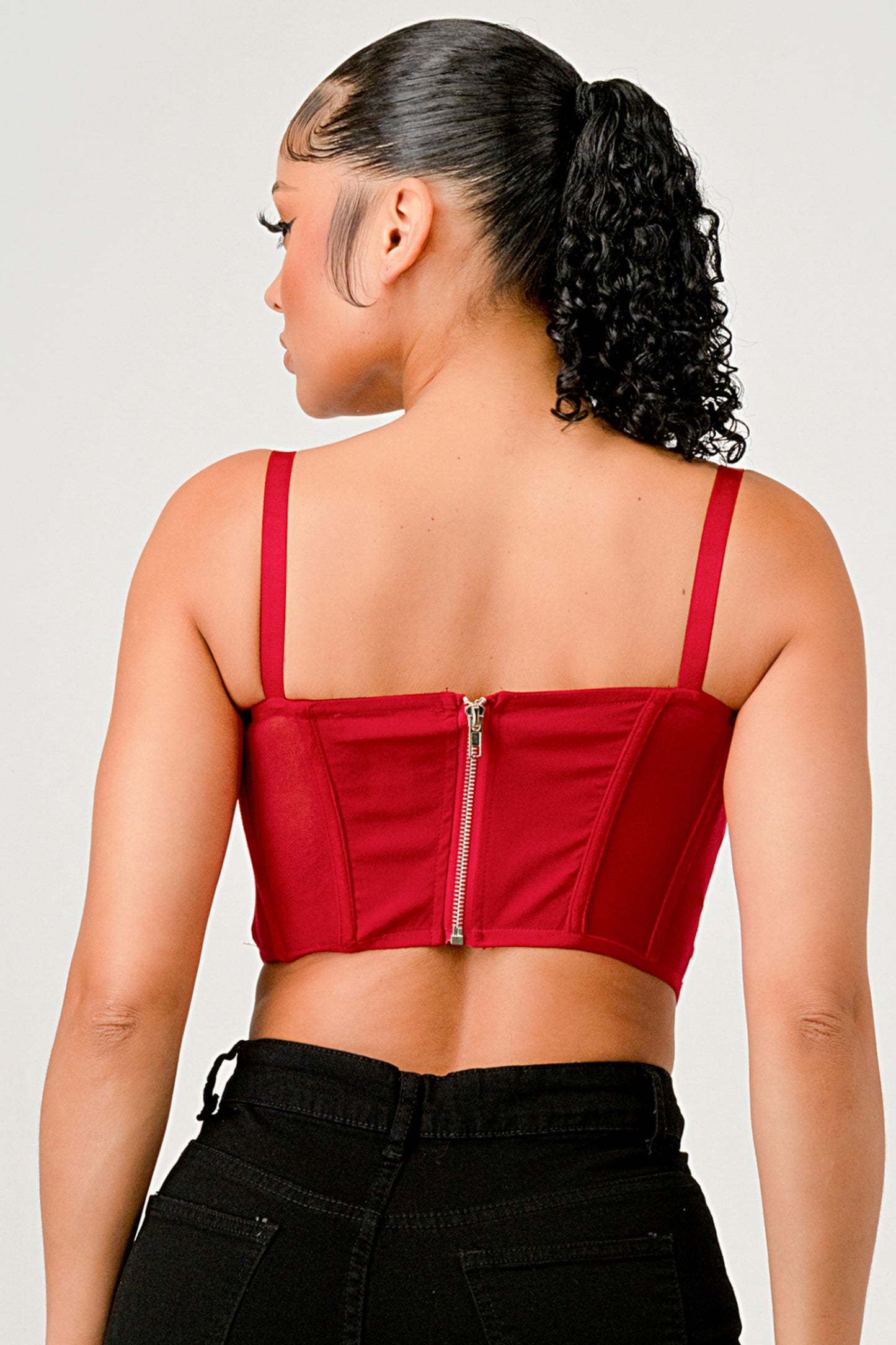 FISHBONE SUPPORT SOLID MESH CORSET CROP TOP