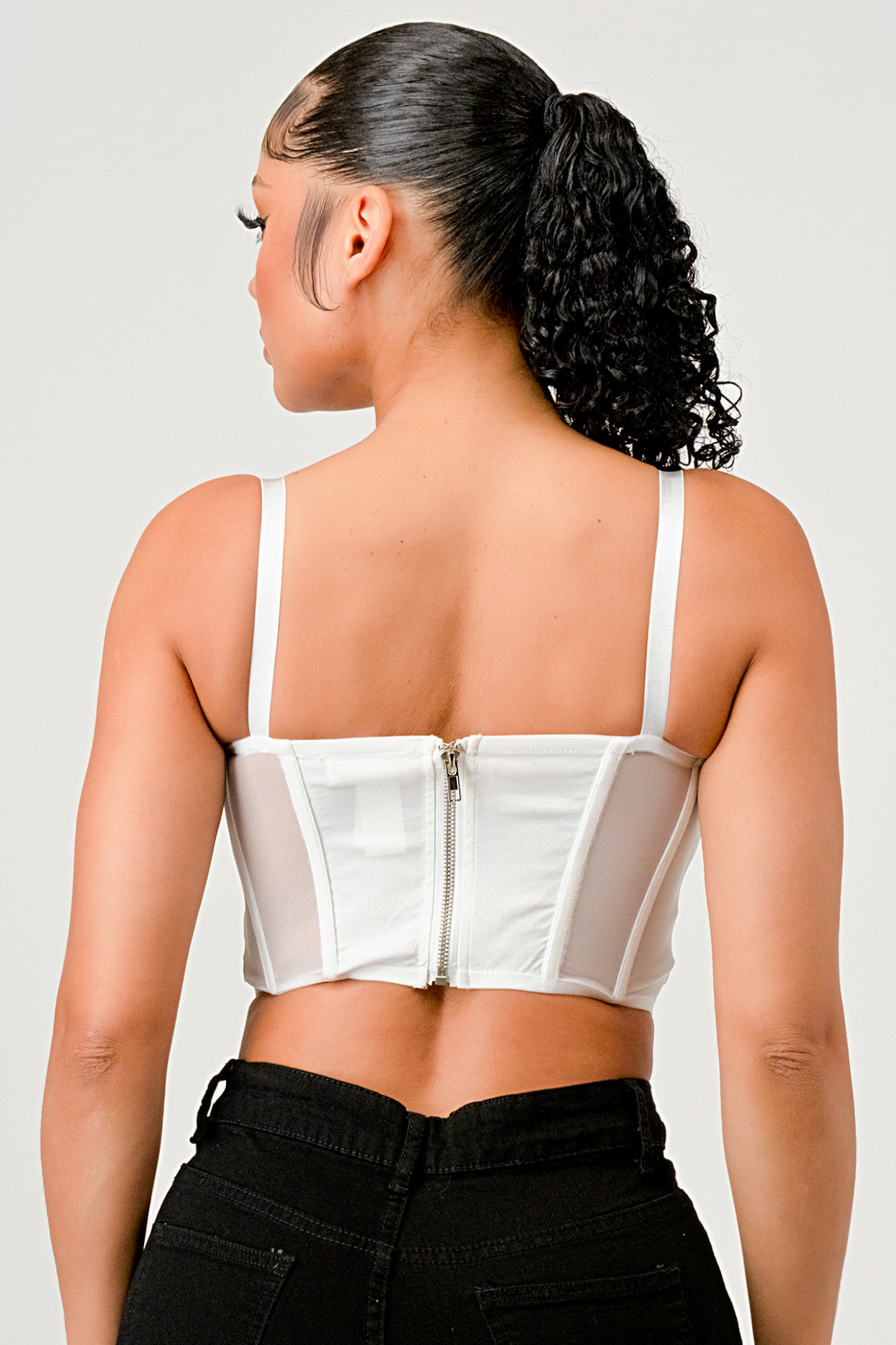 FISHBONE SUPPORT SOLID MESH CORSET CROP TOP