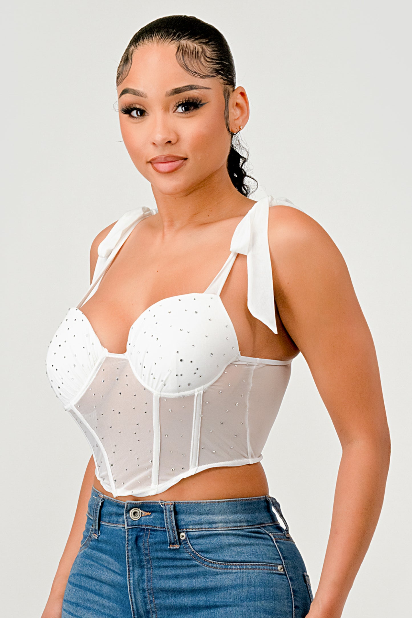 HOTFIX CRYSTAL RHINESTONE EMBELLISHED MESH CORSET