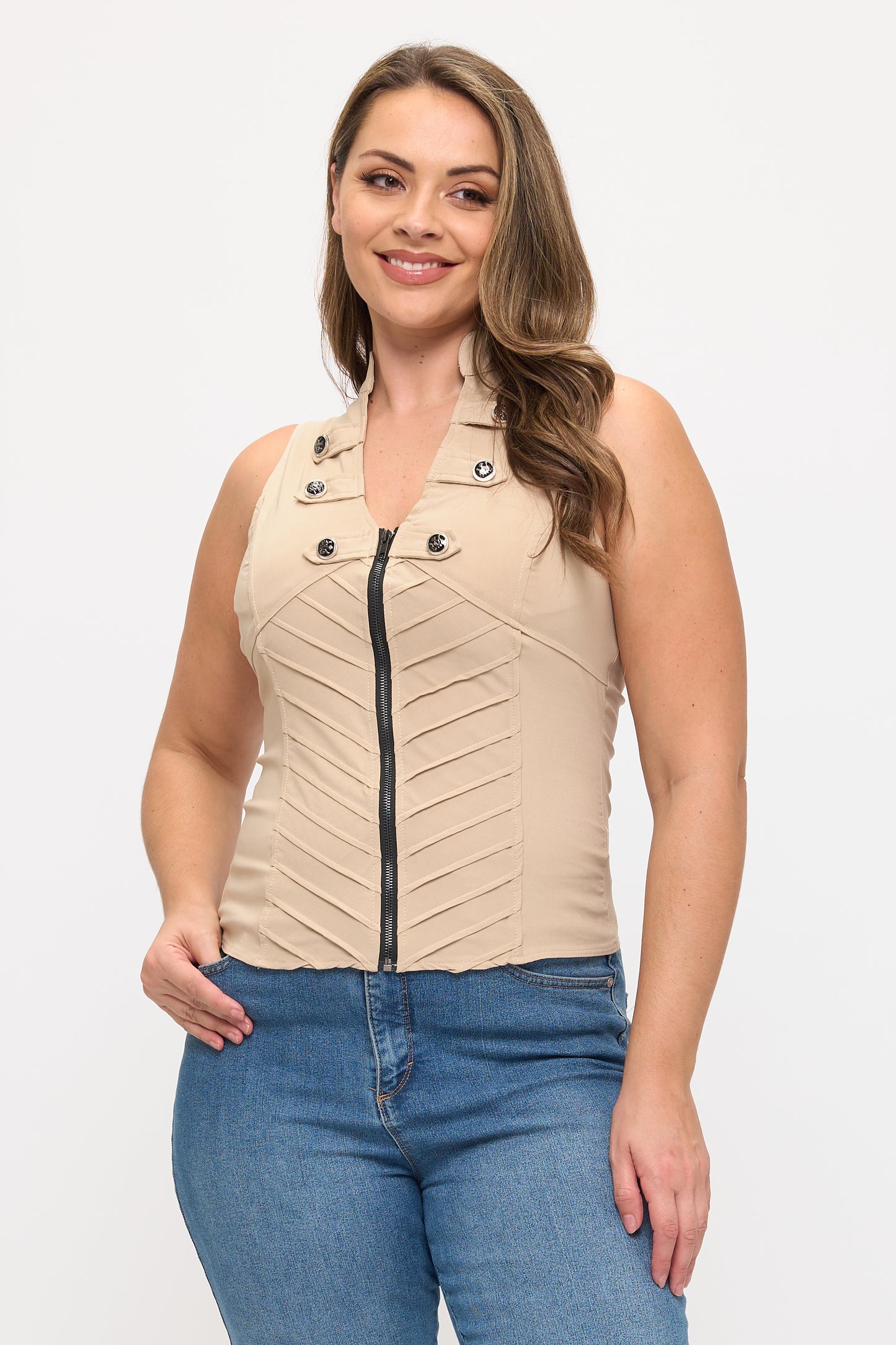 BACK CROSSED ZIP UP PLUS TANK TOP_D6744P