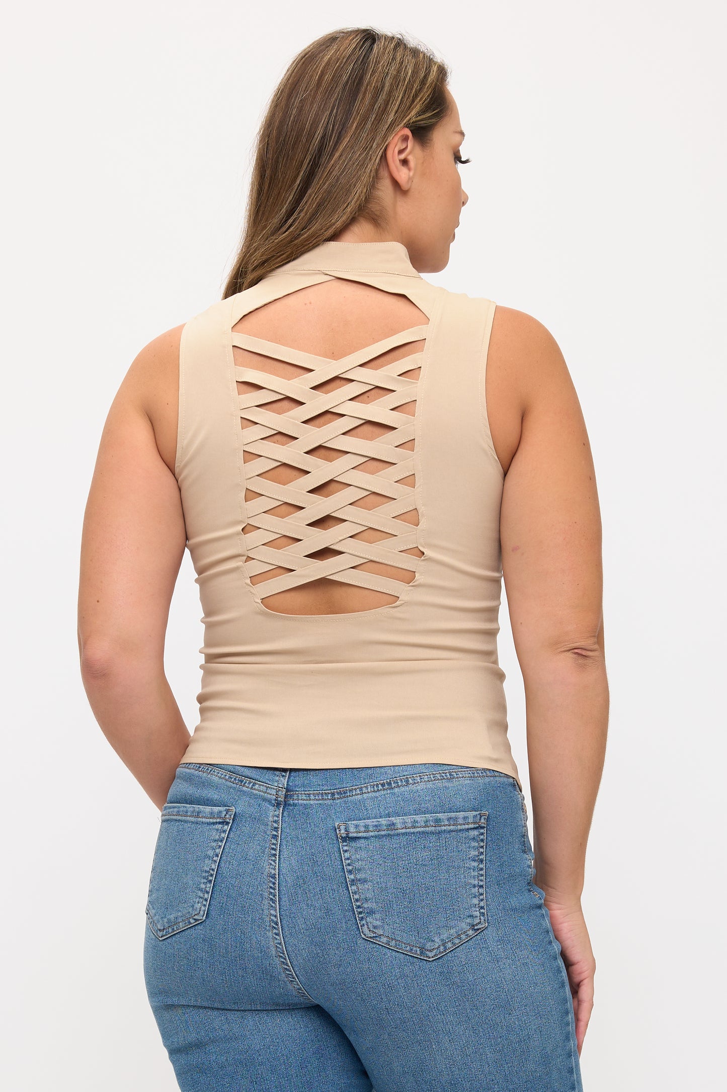 BACK CROSSED ZIP UP PLUS TANK TOP_D6744P