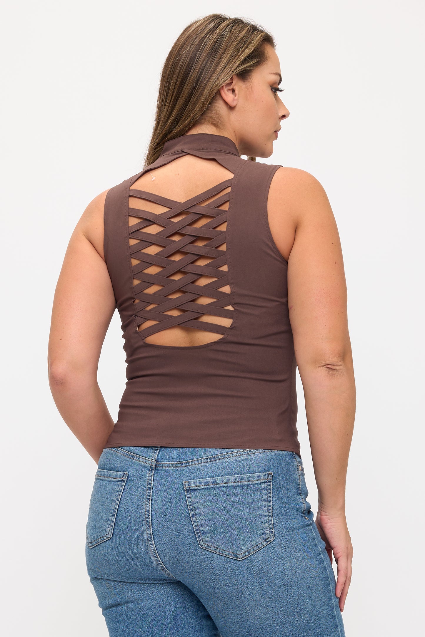 BACK CROSSED ZIP UP PLUS TANK TOP_D6744P