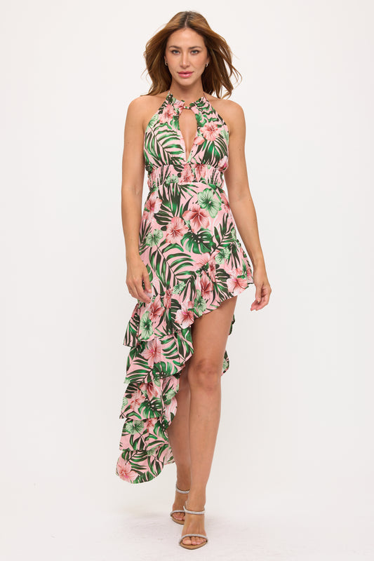 Tropical Ruffle High-Low Halter Dress