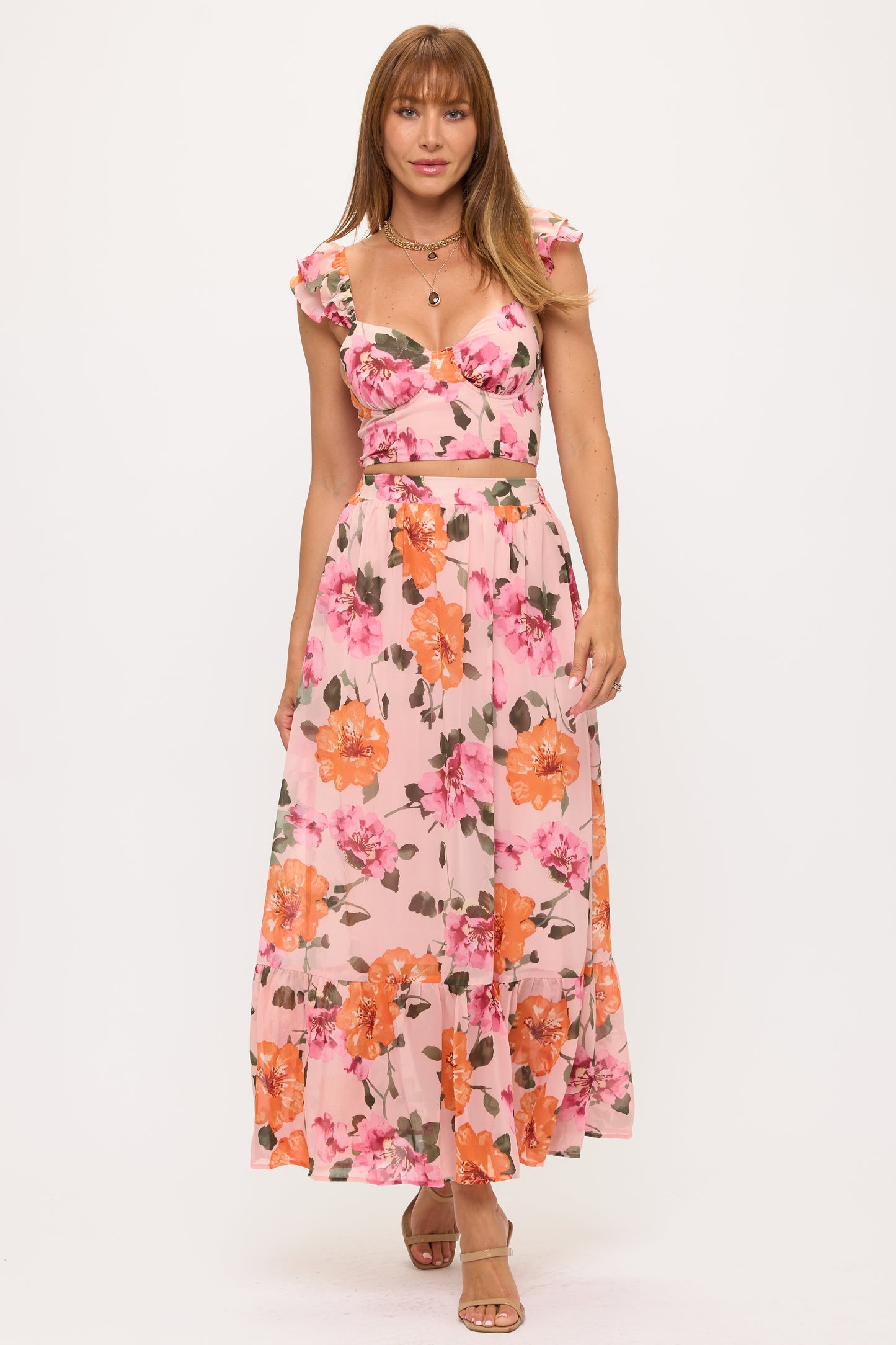Floral Puff Sleeve Crop Top & Maxi Skirt Set