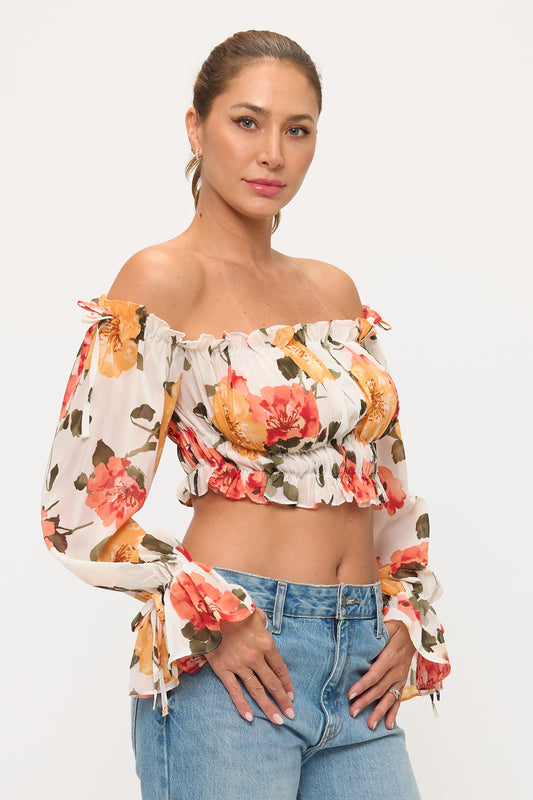 Floral Off Shoulder Ruffle Crop Top