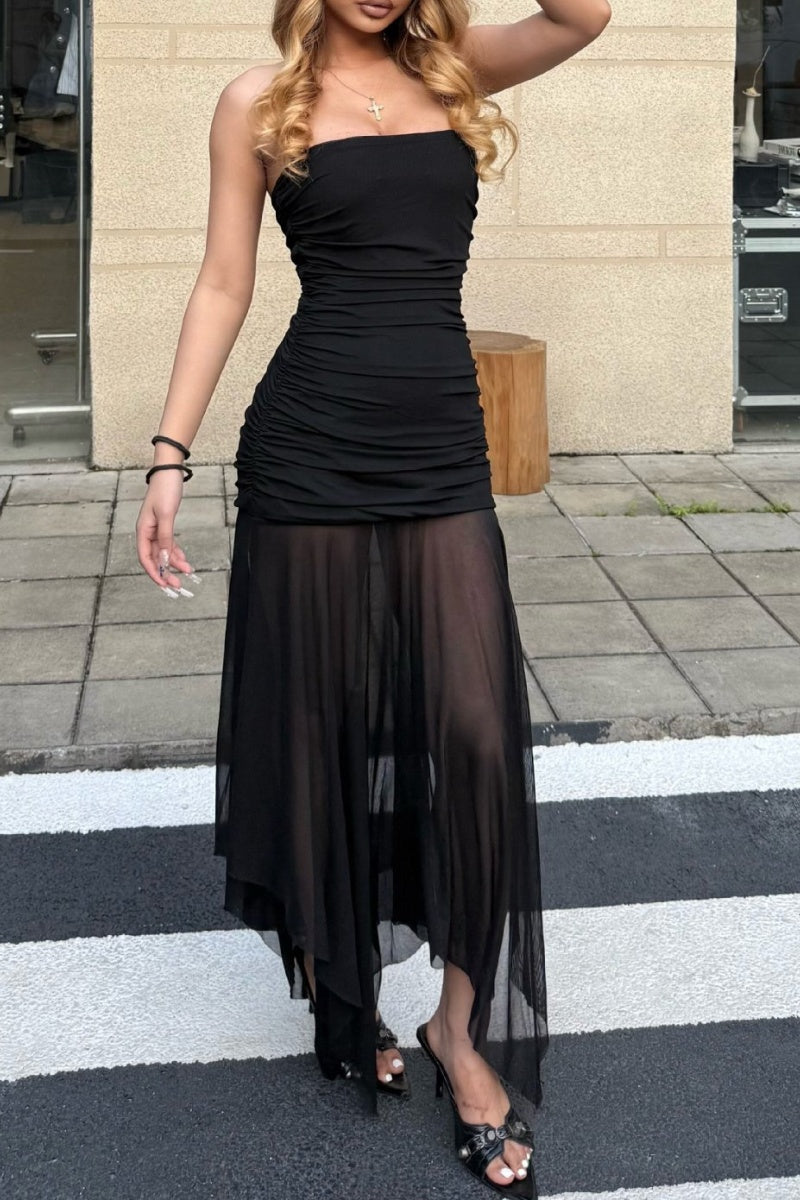 Chic Black Strapless Ruched Sheer Maxi Dress OhYes Fashion Chic Black Strapless Ruched Sheer Maxi Dress OhYes Fashion