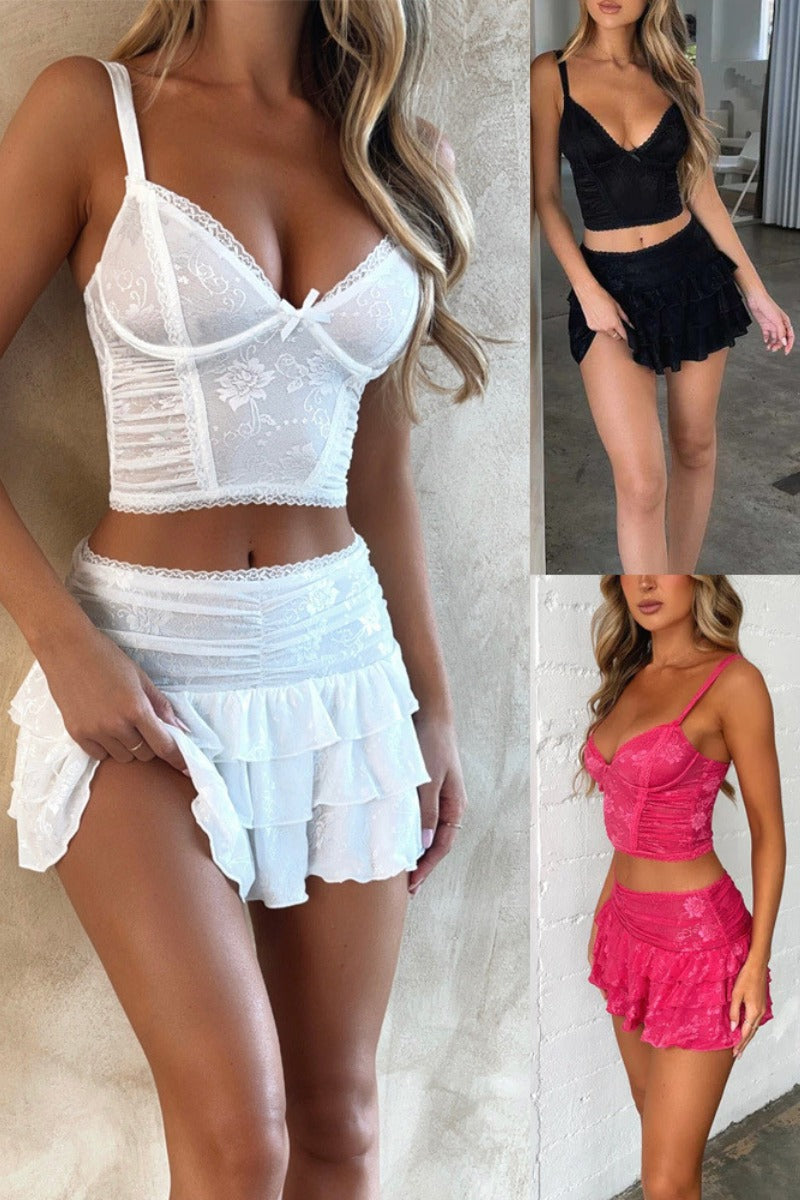 Sexy Lace Cami Top and Layered Ruffle Skirt Set
