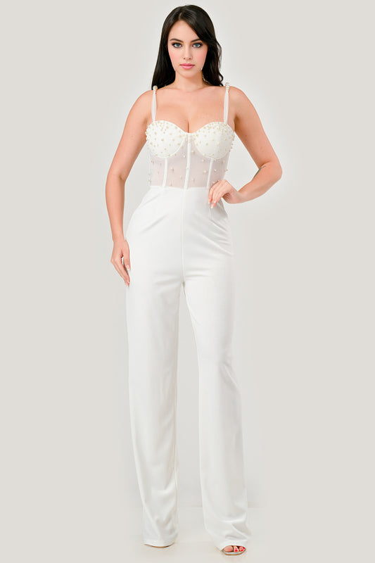 Elegant Pearl Embellished Sheer Jumpsuit