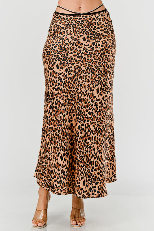 RHINESTONE WAIST DETAIL CUTOUT LEOPARD MAXI SKIRT