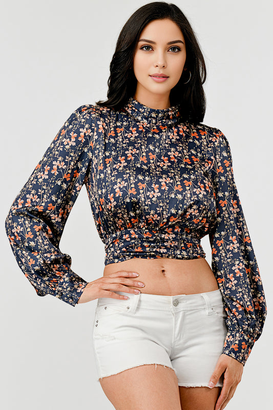 MOCK NECK FLORAL TIE BACK BLOUSE