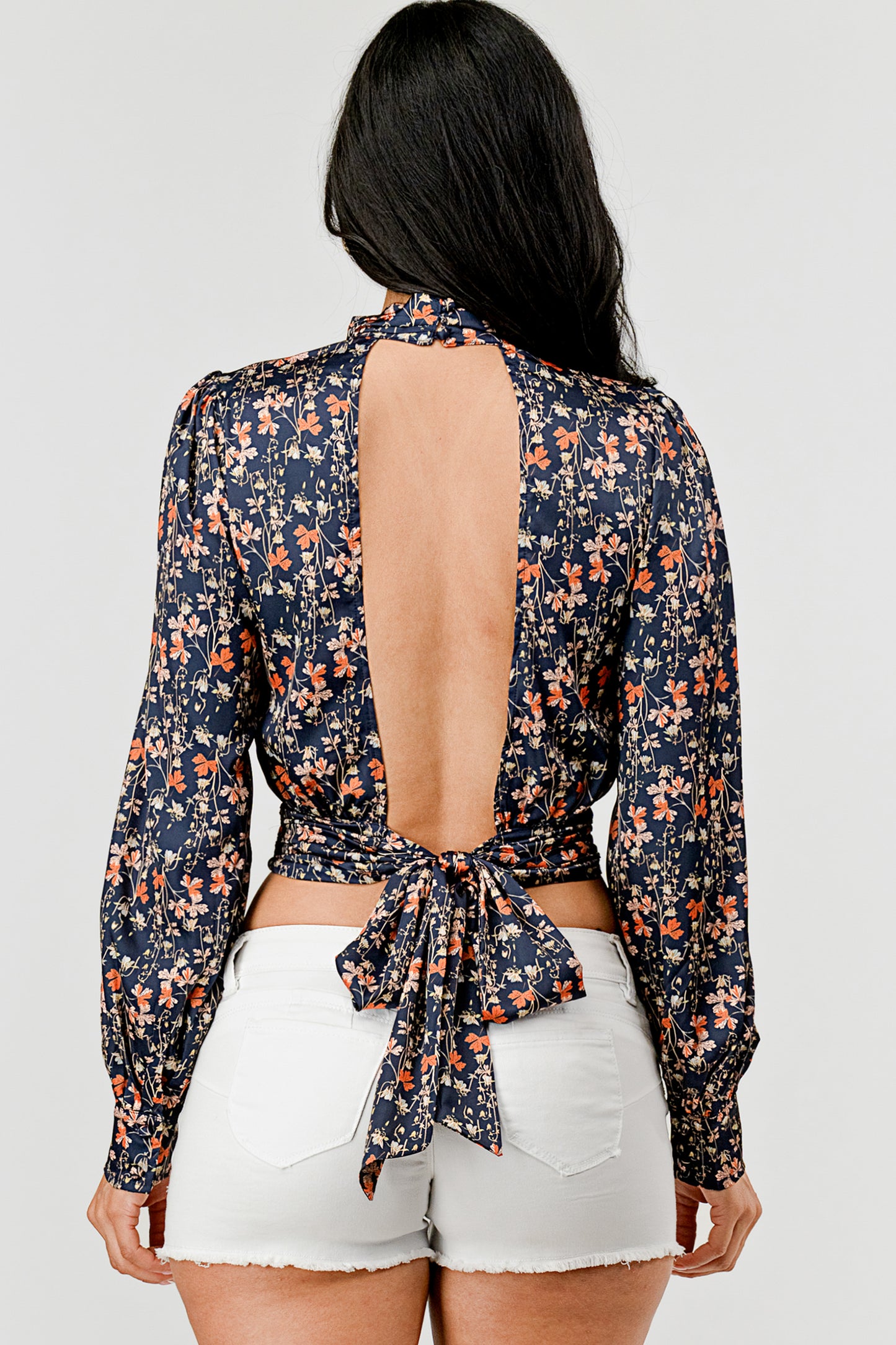 MOCK NECK FLORAL TIE BACK BLOUSE