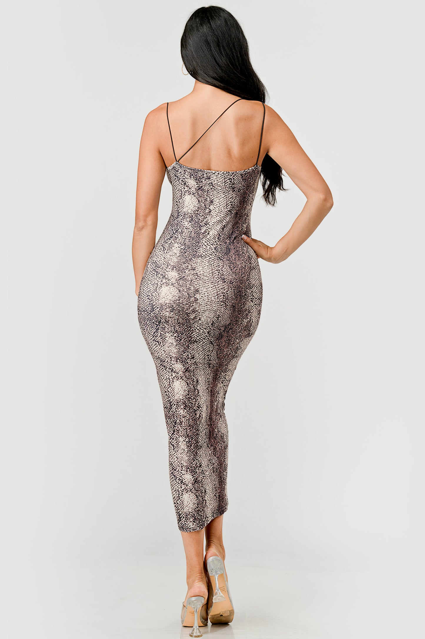 SNAKE PRINT V-NECK STRAPPY BODYCON MAXI DRESS