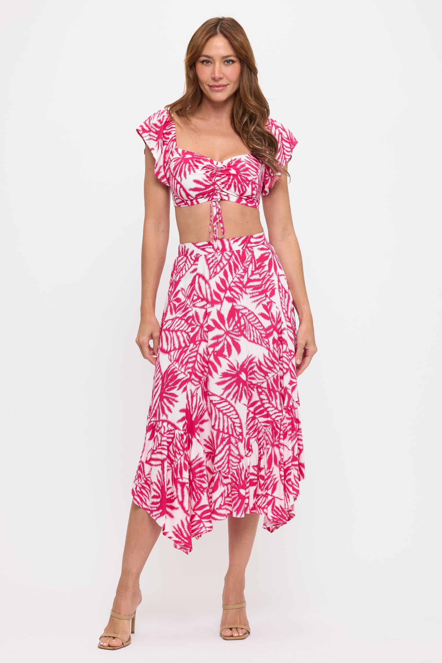 Front Tie Crop Top & Leaf Print Ruffle Skirt Set